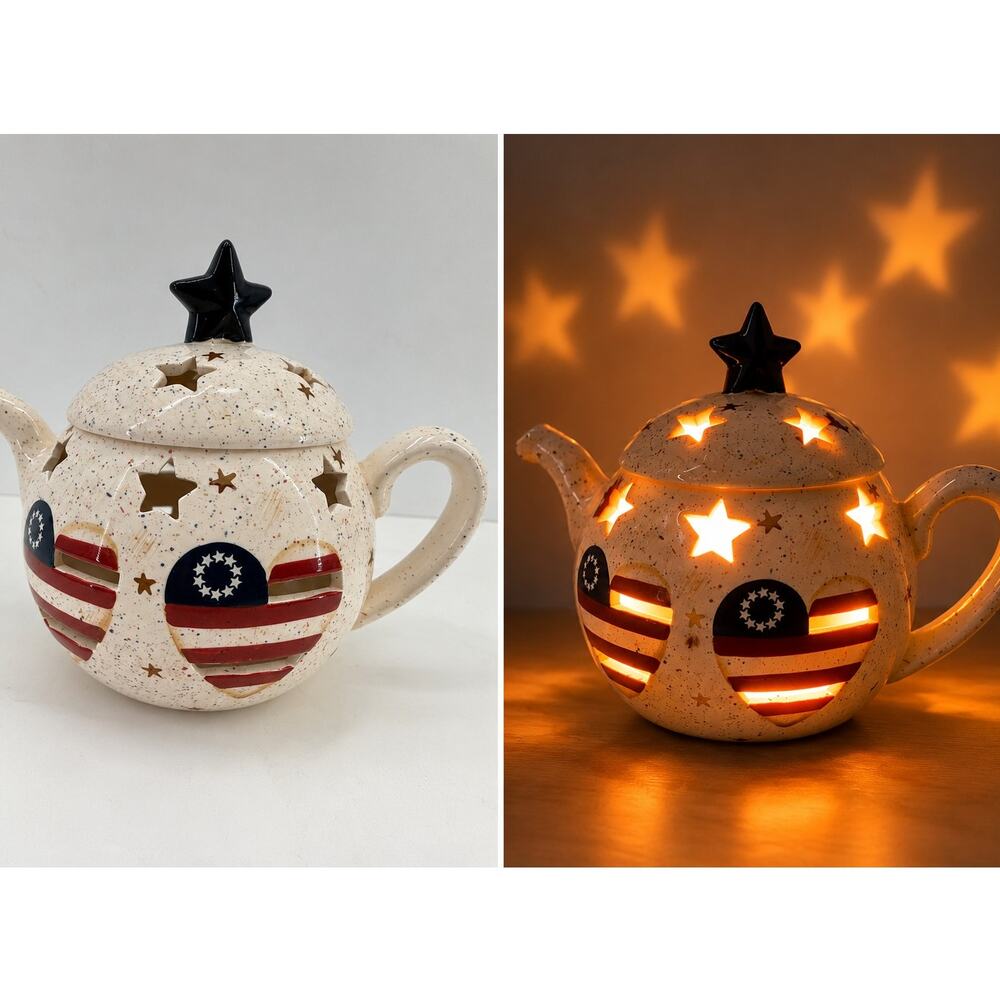 American Flag Teapot Home Interior Candle Holder Patriotic Americana Decor